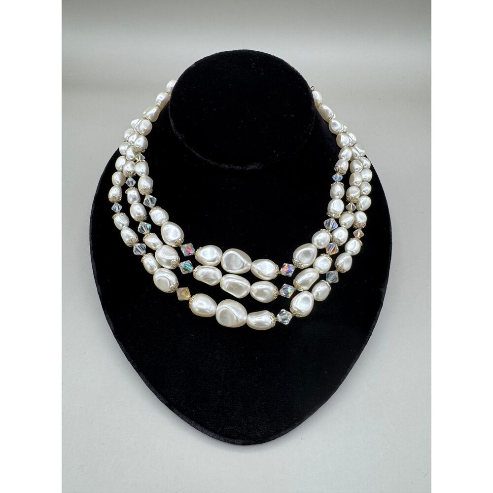 Vintage Japan 3 Strand Faux Pearl Aurora Borealis Crystal Necklace
